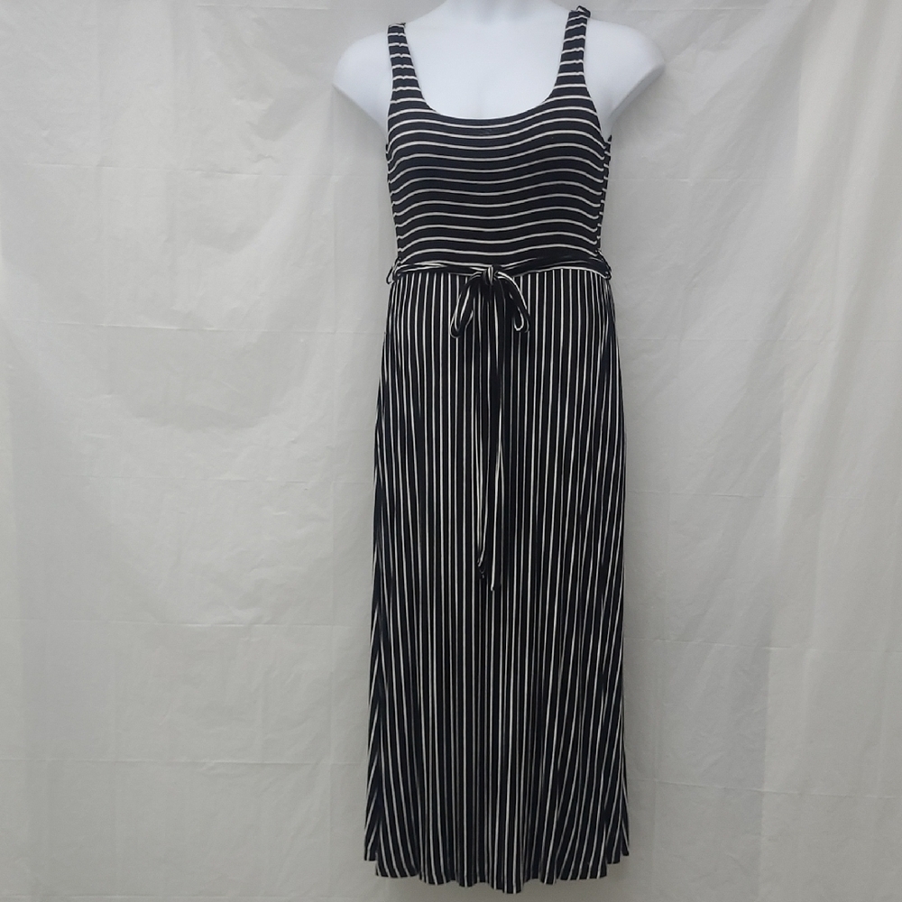 Striped Maxi Dress Square Boat Neck Belted Pockets Sleeveless Sundress Stretchy